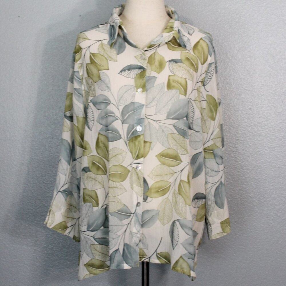 Alfred Dunner Blue Green Leaf Button Down Blouse Size 16 Leaves